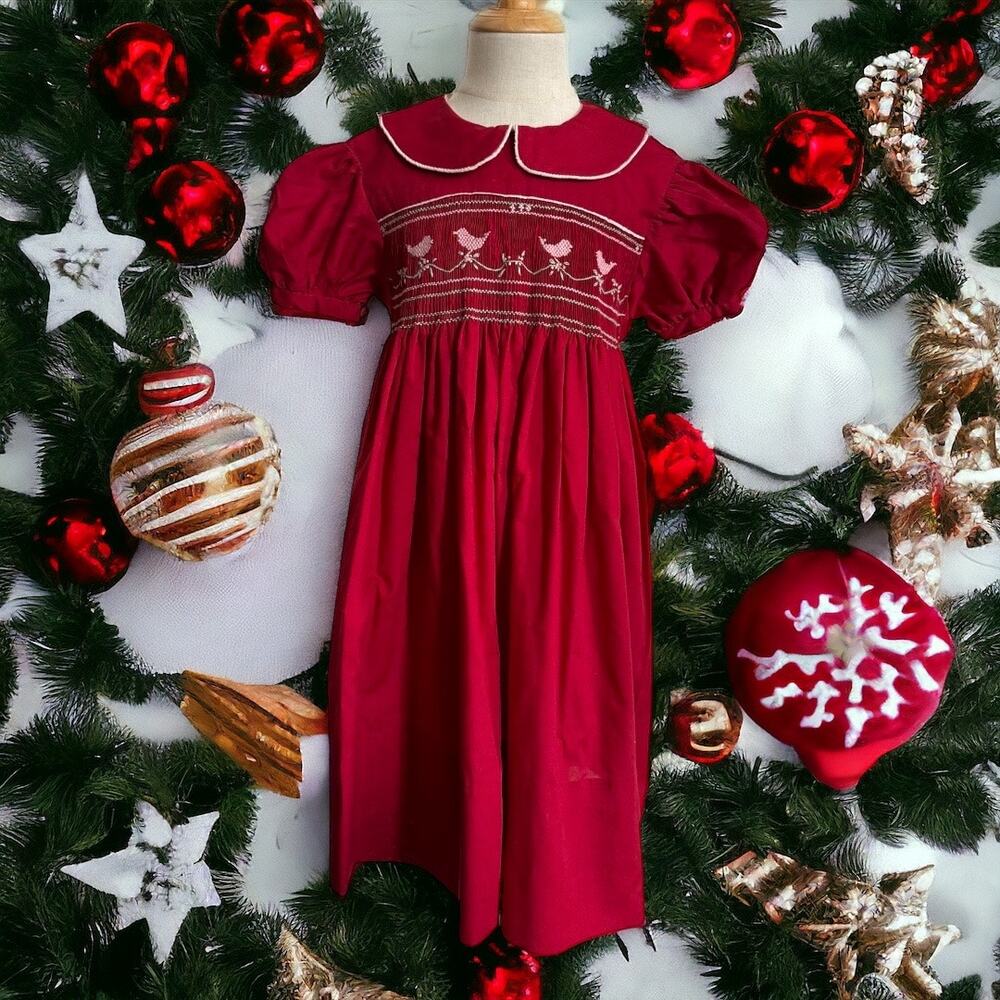 Handmade Girls Dress Sz 4‎ Hand Made Smocked Burgundy Red Birds Puff Sleeves